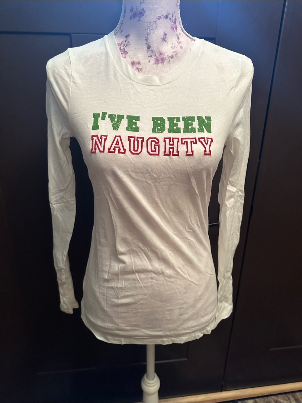 Women's White 'I've Been Naughty' Long Sleeve Graphic Top